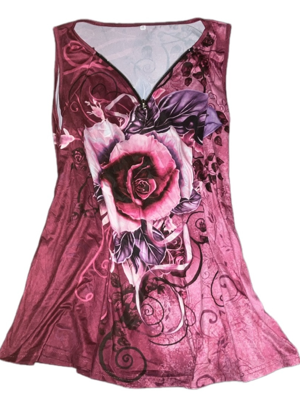Sleeveless Pink Rose Print V-Neck Tunic Top